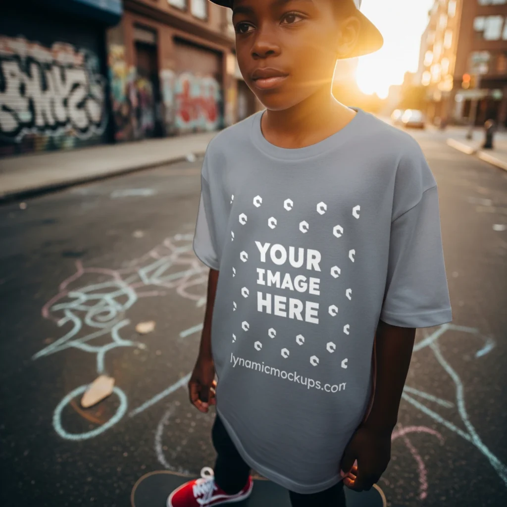 Boy Wearing Gray T-shirt Mockup Front View Template