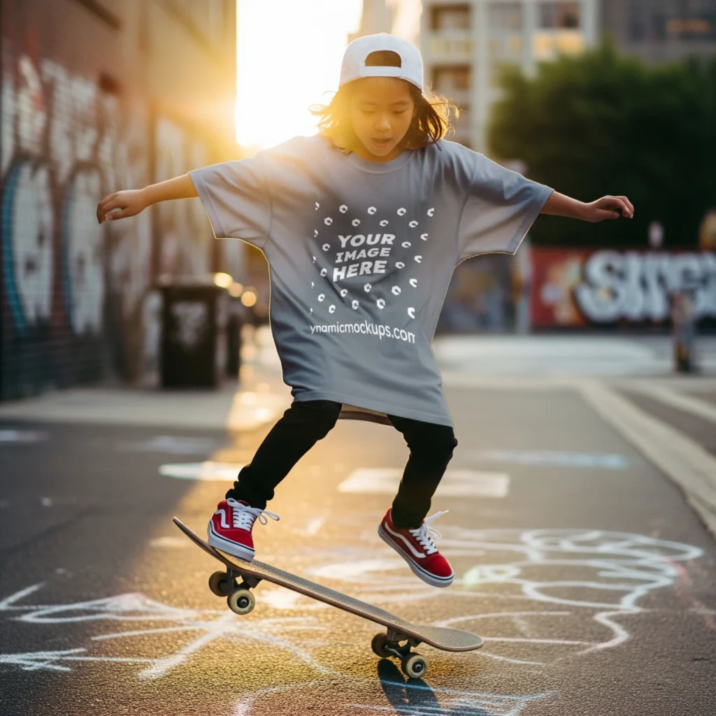 Boy Wearing Gray T-shirt Mockup Front View Template