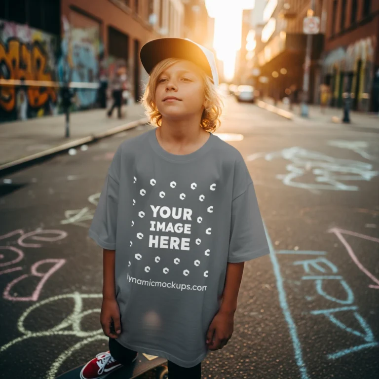Boy Wearing Gray T-shirt Mockup Front View Template