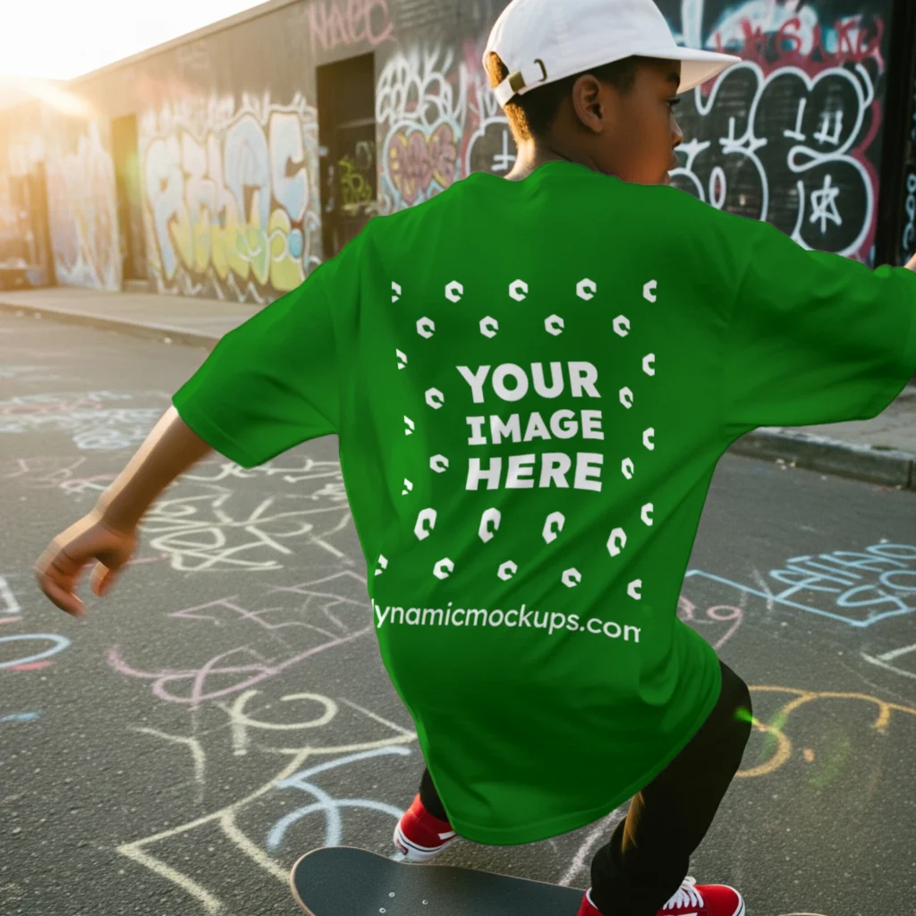 Boy Wearing Green T-shirt Mockup Back View Template