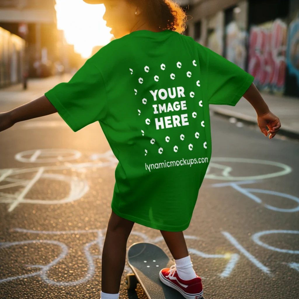 Boy Wearing Green T-shirt Mockup Back View Template