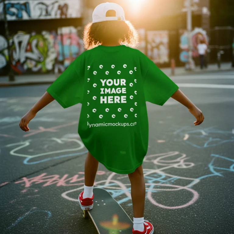 Boy Wearing Green T-shirt Mockup Back View Template