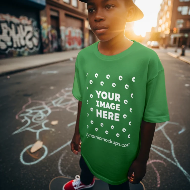 Boy Wearing Green T-shirt Mockup Front View Template