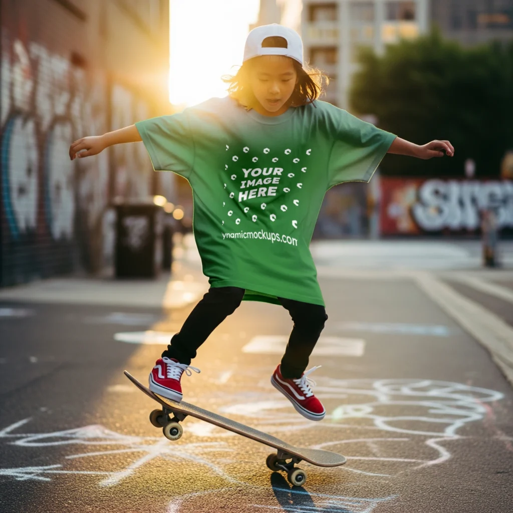 Boy Wearing Green T-shirt Mockup Front View Template