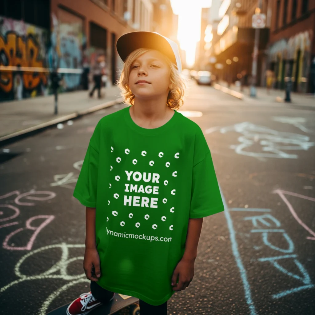 Boy Wearing Green T-shirt Mockup Front View Template