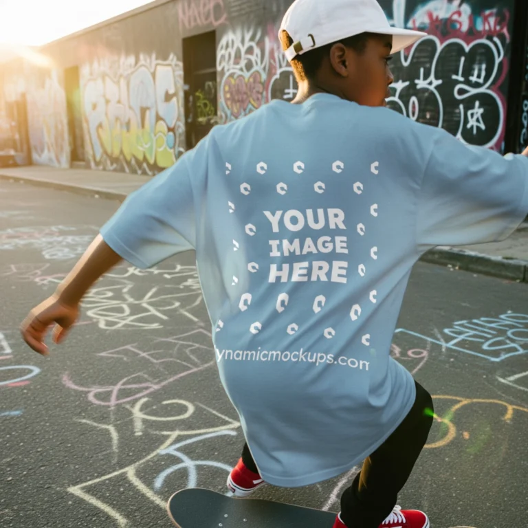 Boy Wearing Light Blue T-shirt Mockup Back View Template