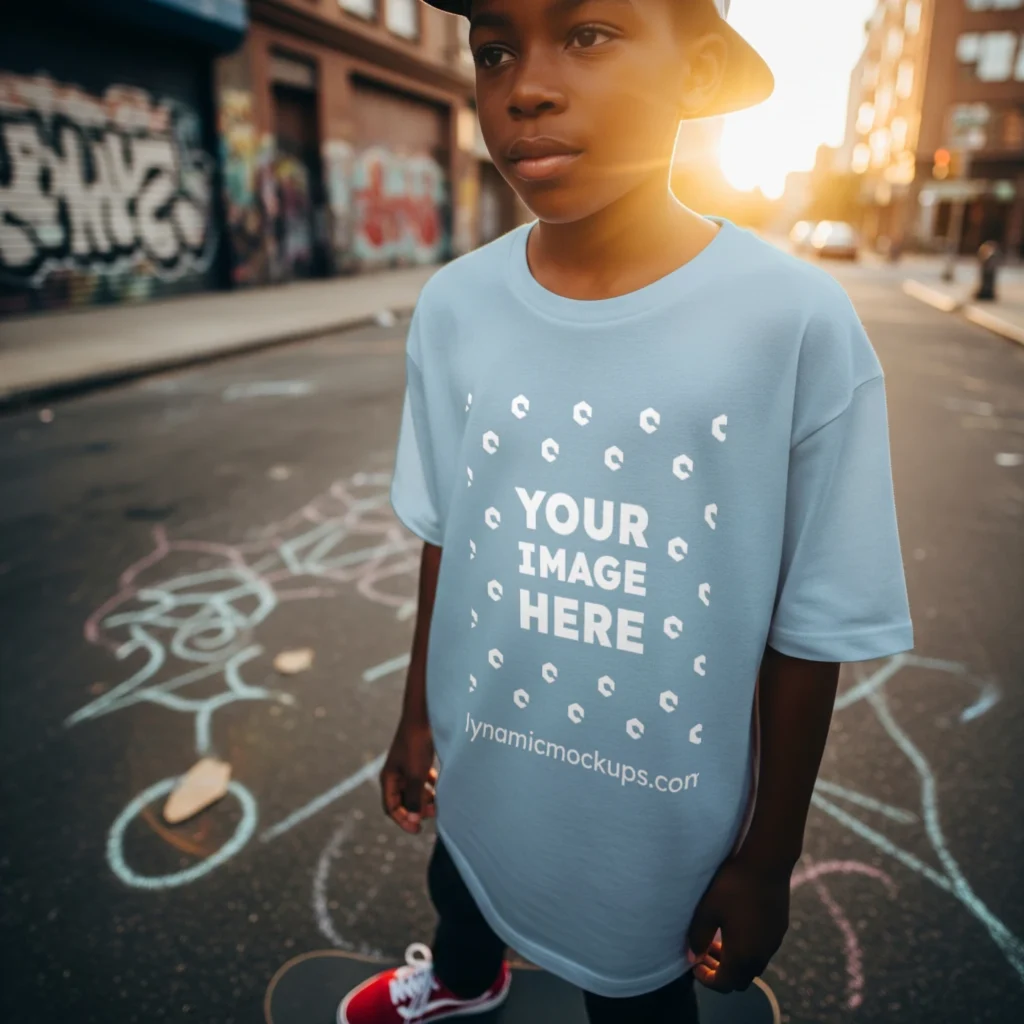 Boy Wearing Light Blue T-shirt Mockup Front View Template