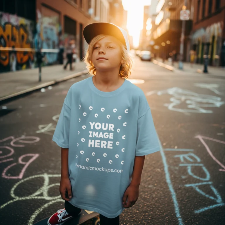 Boy Wearing Light Blue T-shirt Mockup Front View Template