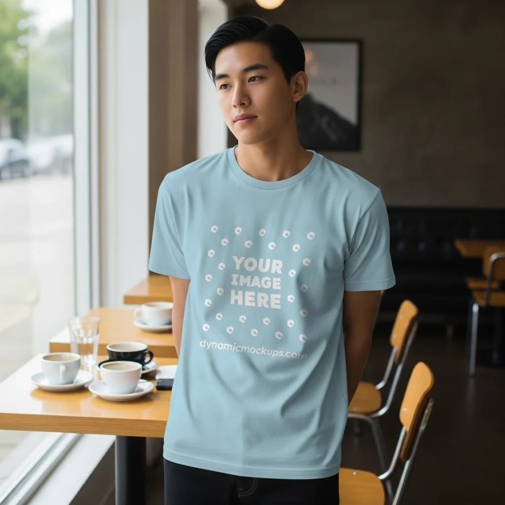 Boy Wearing Light Blue T-shirt Mockup Front View Template