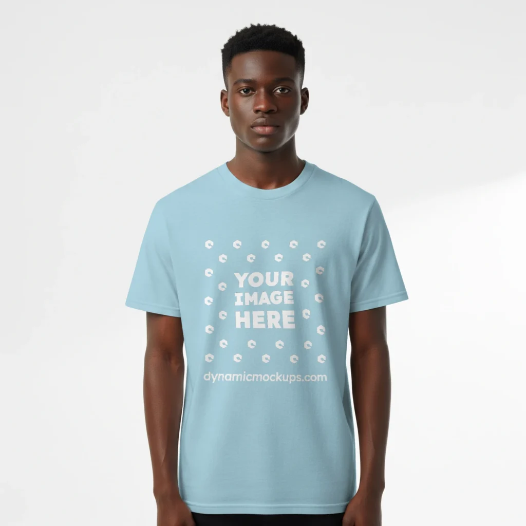 Boy Wearing Light Blue T-shirt Mockup Front View Template