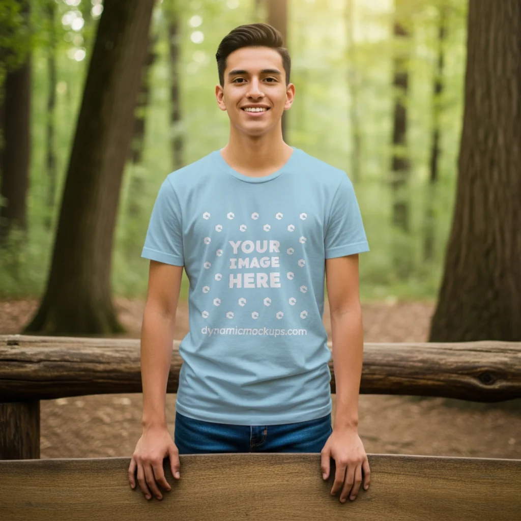 Boy Wearing Light Blue T-shirt Mockup Front View Template