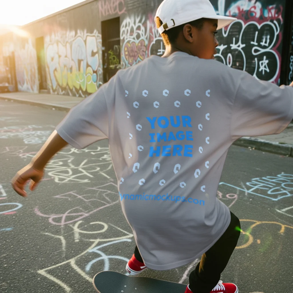 Boy Wearing Light Gray T-shirt Mockup Back View Template