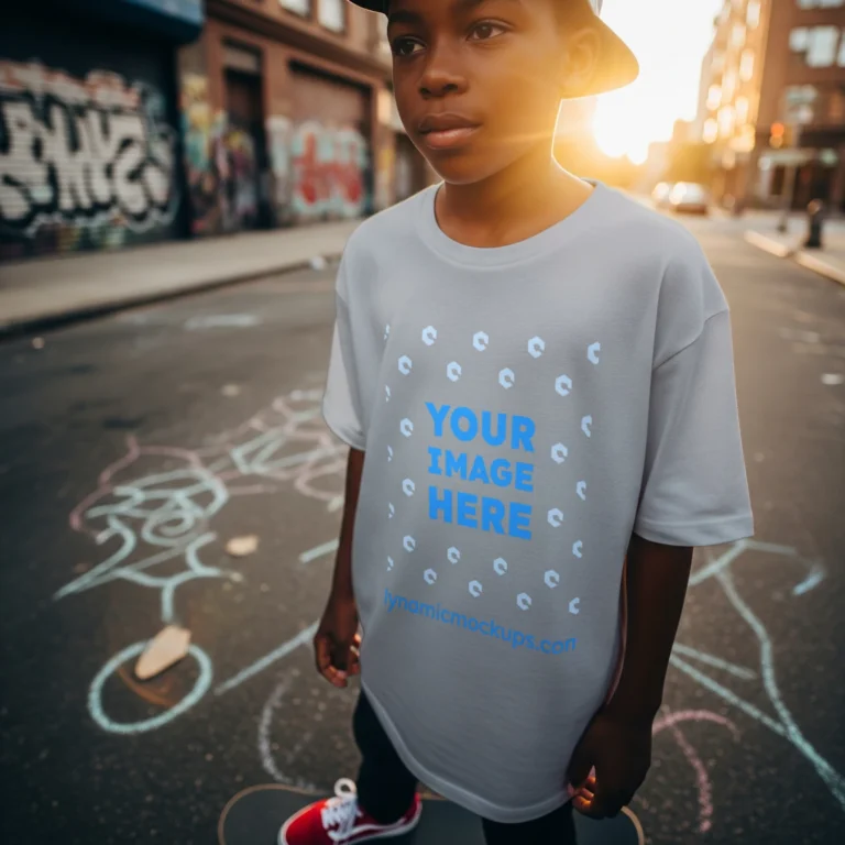 Boy Wearing Light Gray T-shirt Mockup Front View Template