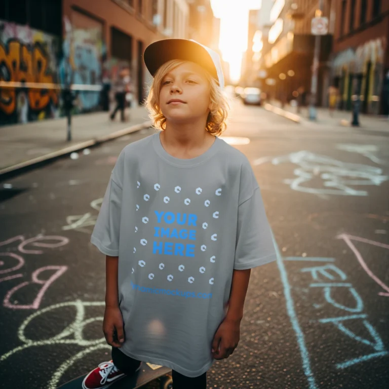 Boy Wearing Light Gray T-shirt Mockup Front View Template