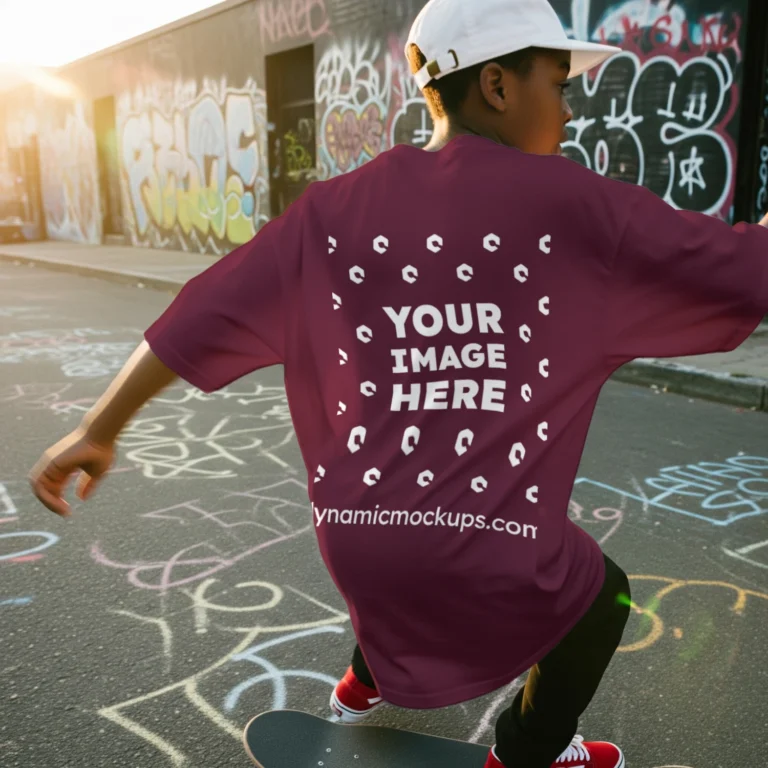 Boy Wearing Maroon T-shirt Mockup Back View Template