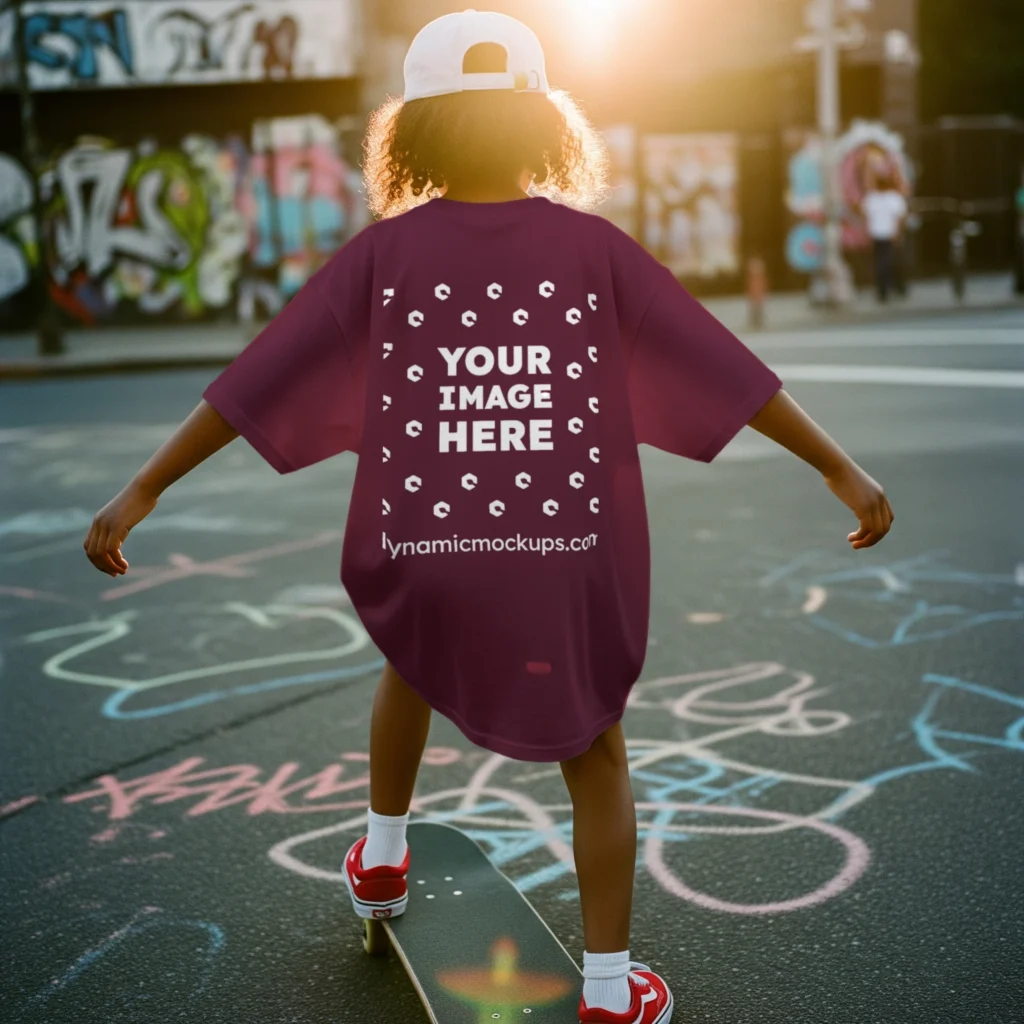Boy Wearing Maroon T-shirt Mockup Back View Template