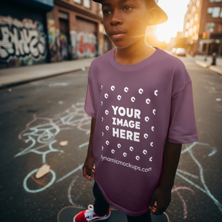 Boy Wearing Maroon T-shirt Mockup Front View Template