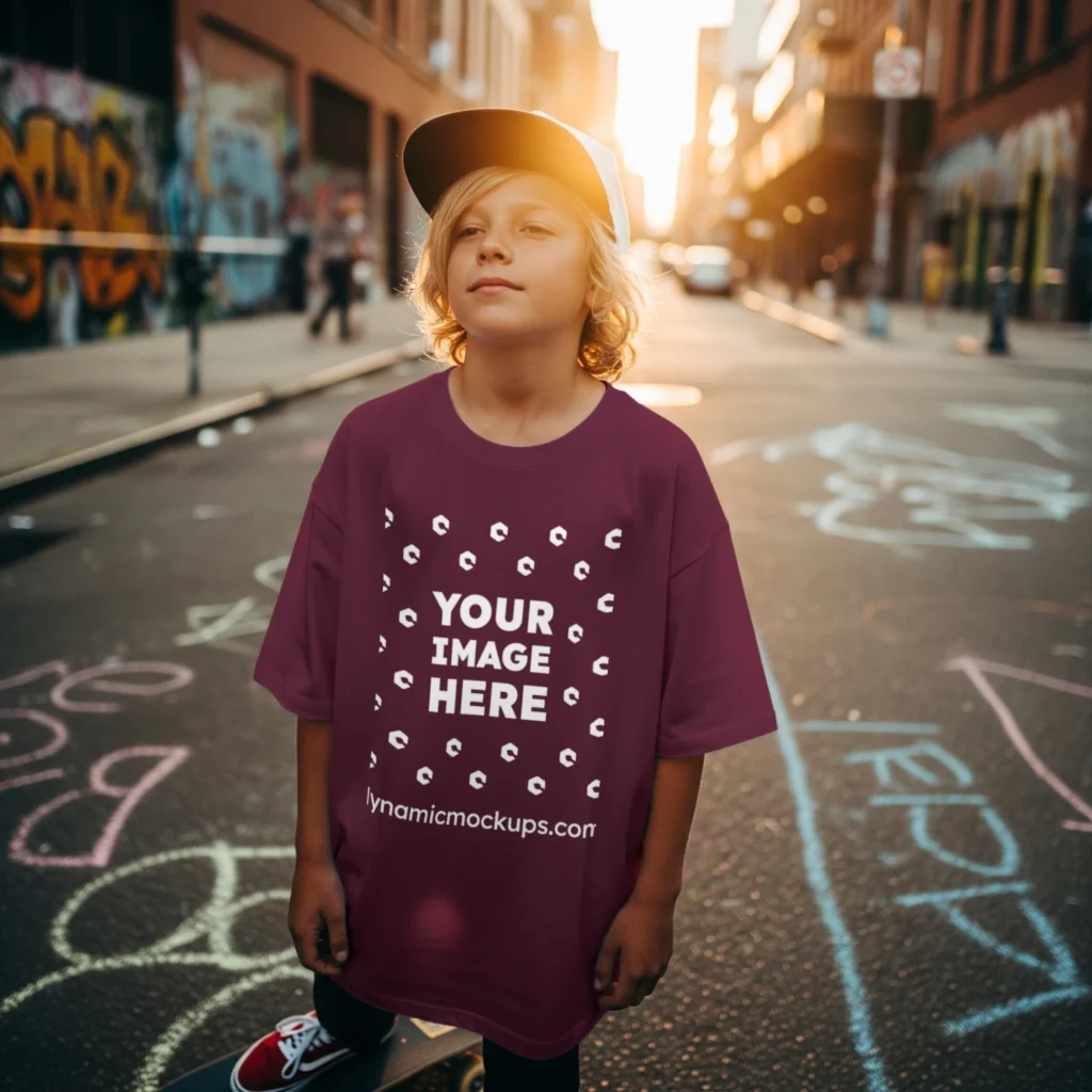 Boy Wearing Maroon T-shirt Mockup Front View Template
