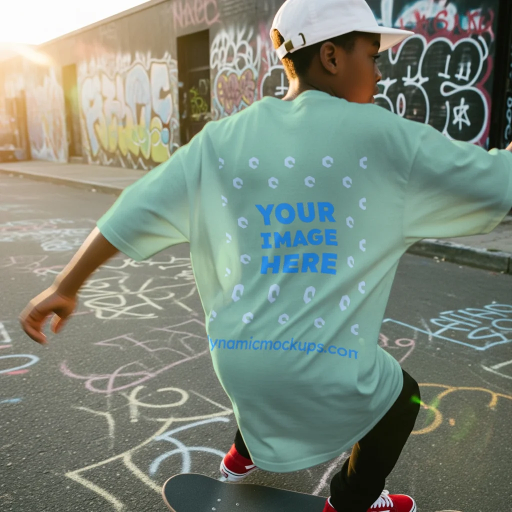 Boy Wearing Mint T-shirt Mockup Back View Template