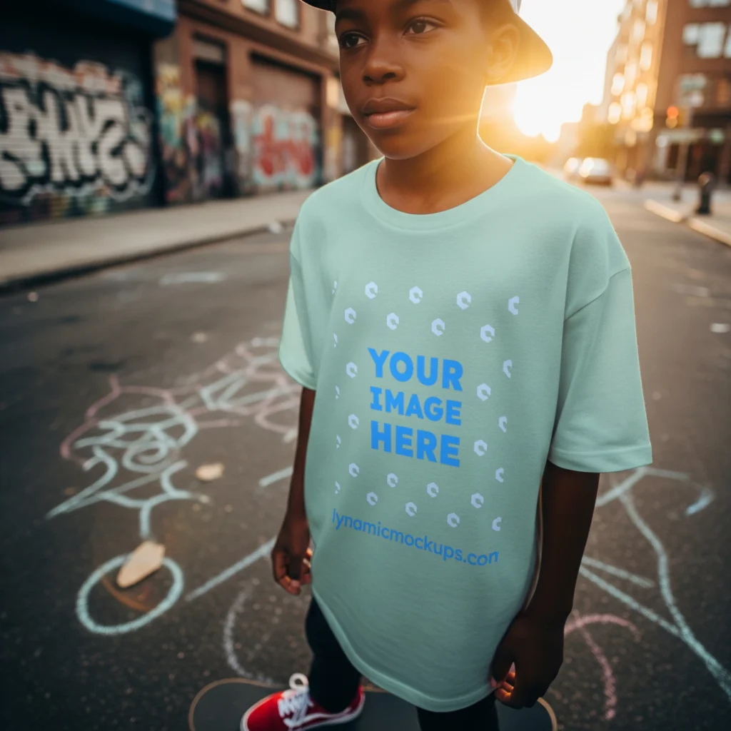 Boy Wearing Mint T-shirt Mockup Front View Template