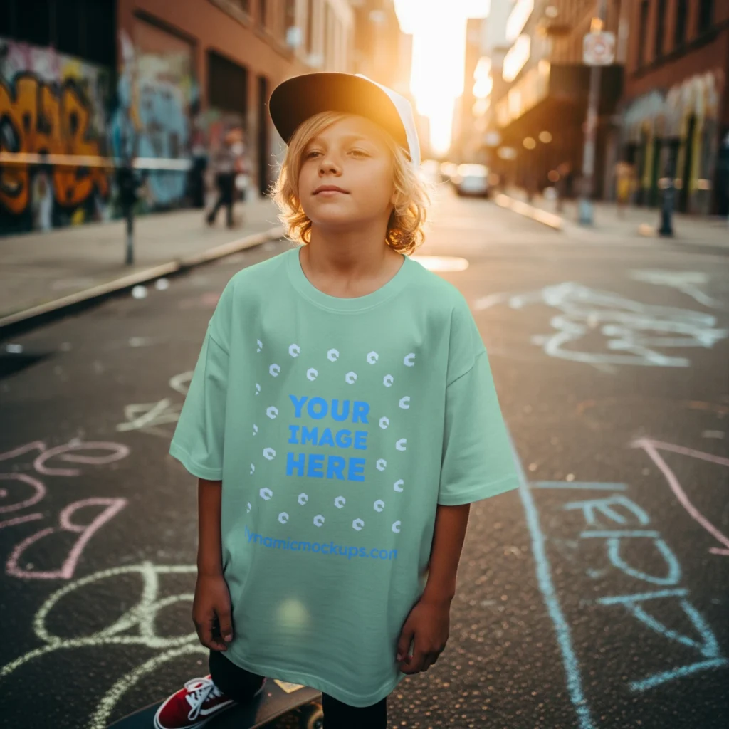 Boy Wearing Mint T-shirt Mockup Front View Template