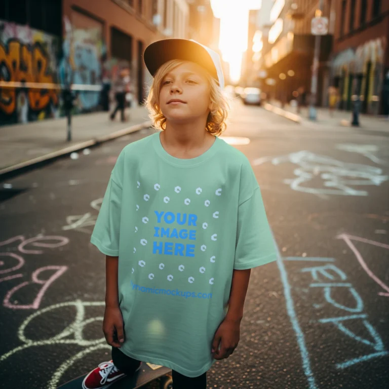 Boy Wearing Mint T-shirt Mockup Front View Template