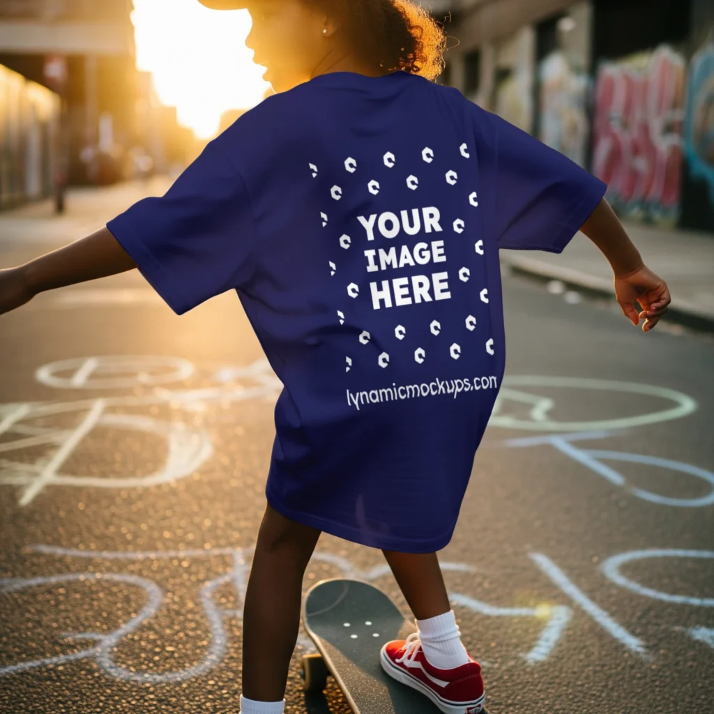 Boy Wearing Navy Blue T-shirt Mockup Back View Template