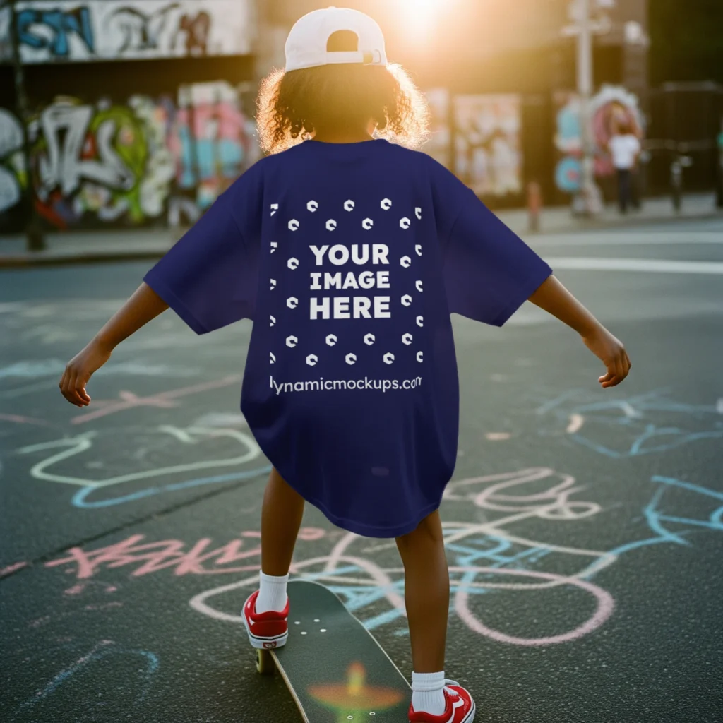 Boy Wearing Navy Blue T-shirt Mockup Back View Template