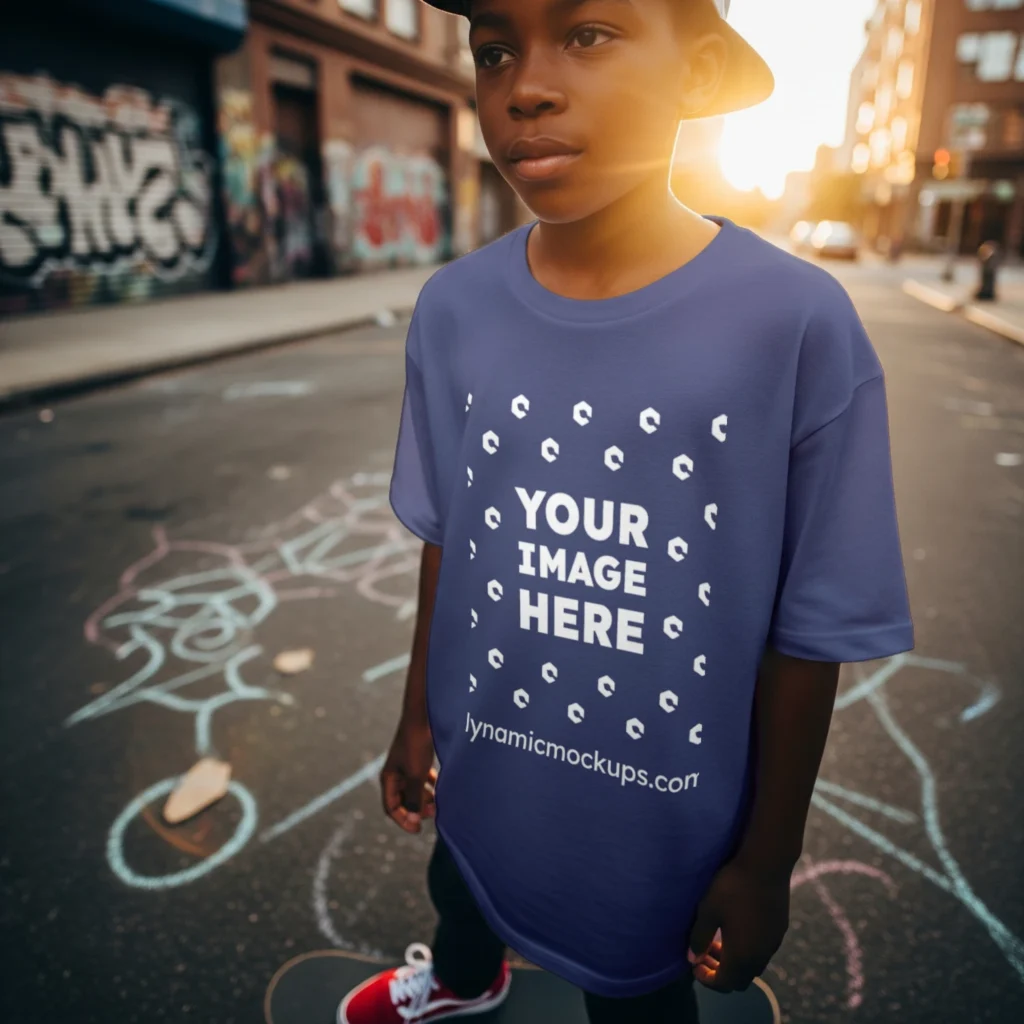 Boy Wearing Navy Blue T-shirt Mockup Front View Template