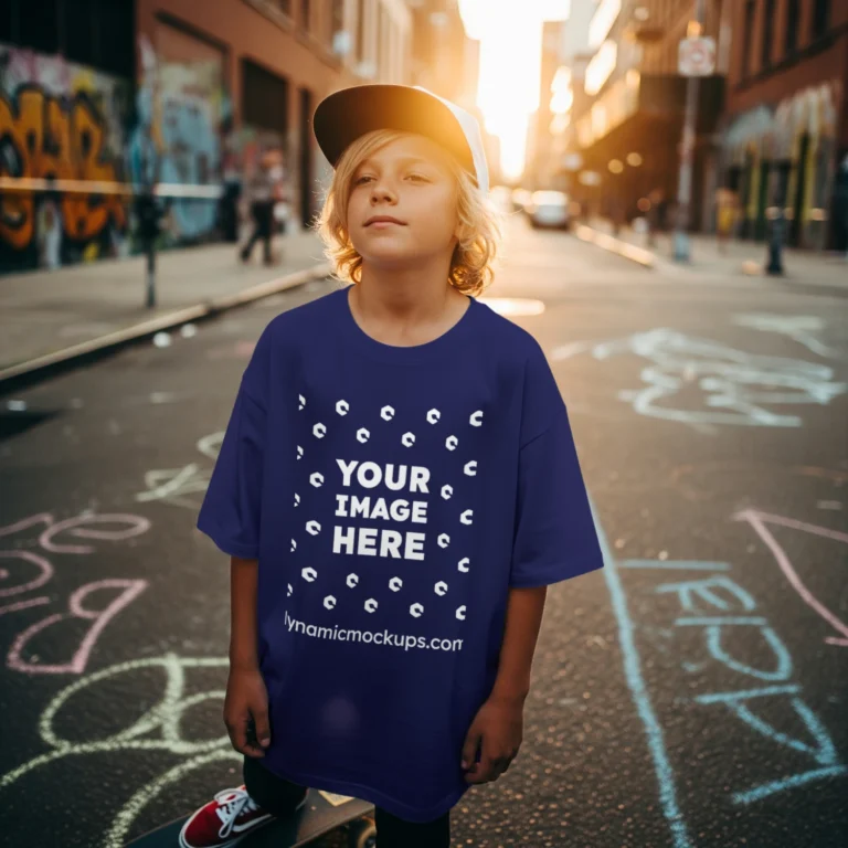 Boy Wearing Navy Blue T-shirt Mockup Front View Template