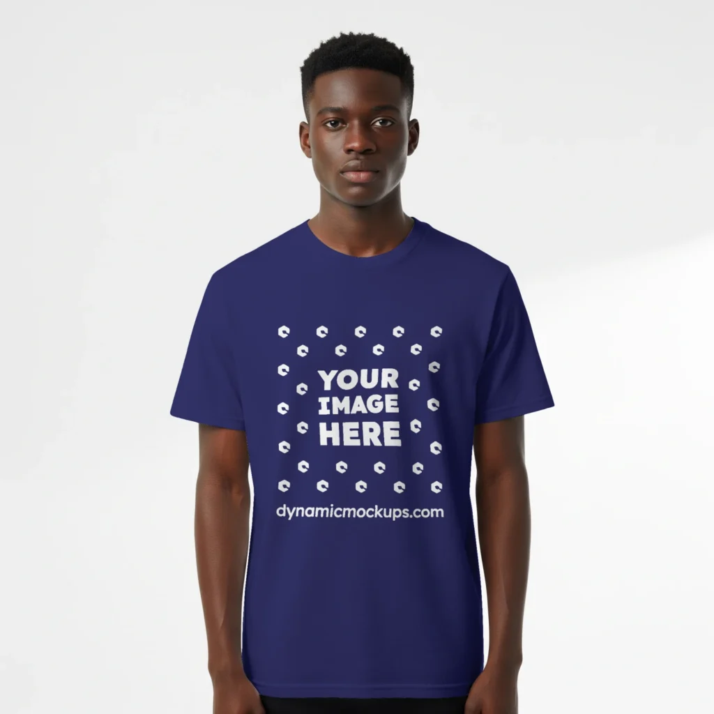 Boy Wearing Navy Blue T-shirt Mockup Front View Template