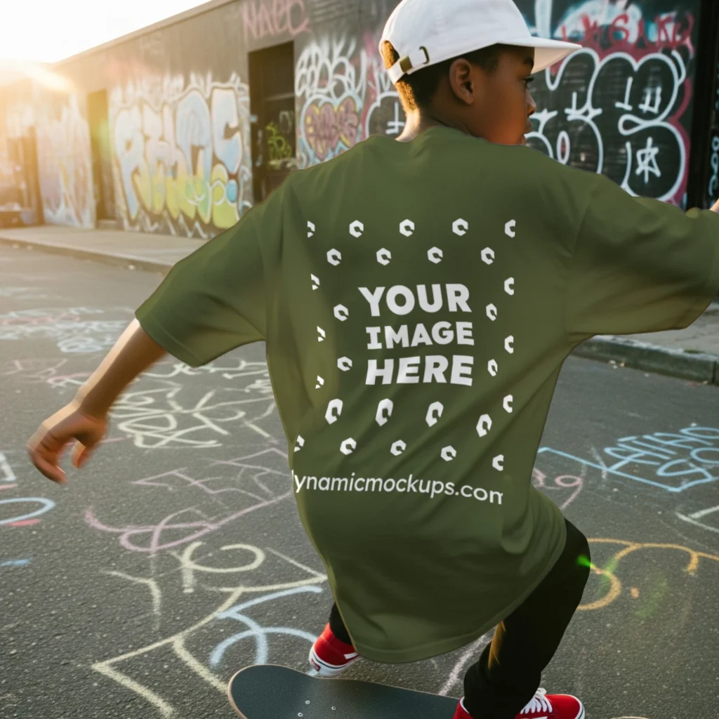 Boy Wearing Olive Green T-shirt Mockup Back View Template
