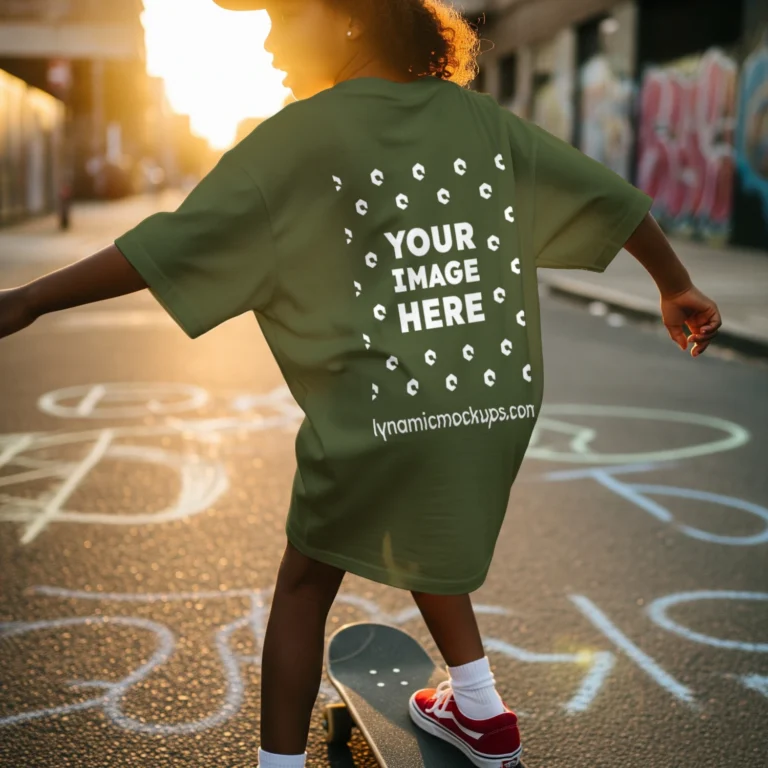 Boy Wearing Olive Green T-shirt Mockup Back View Template