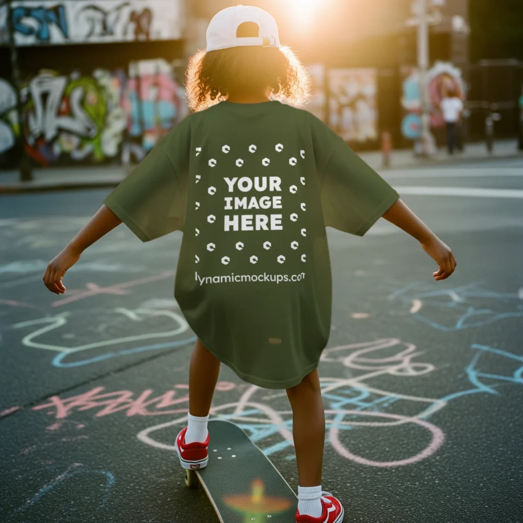 Boy Wearing Olive Green T-shirt Mockup Back View Template