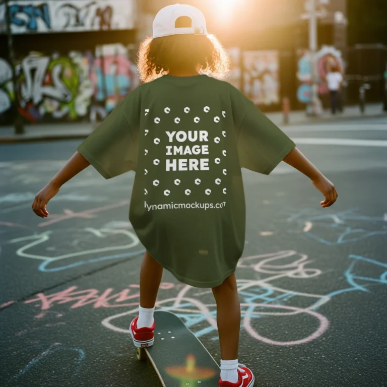 Boy Wearing Olive Green T-shirt Mockup Back View Template