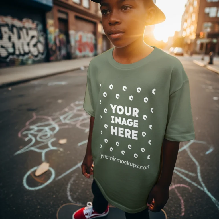 Boy Wearing Olive Green T-shirt Mockup Front View Template