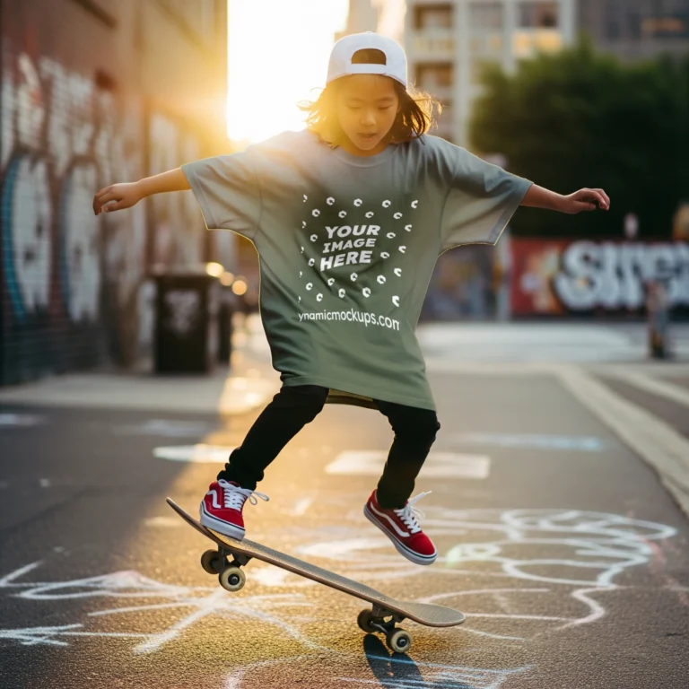 Boy Wearing Olive Green T-shirt Mockup Front View Template