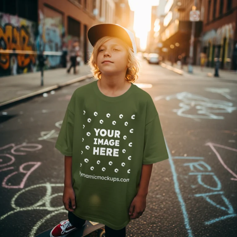 Boy Wearing Olive Green T-shirt Mockup Front View Template