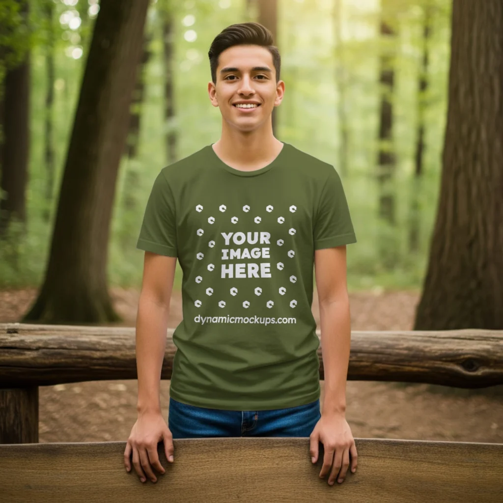 Boy Wearing Olive Green T-shirt Mockup Front View Template