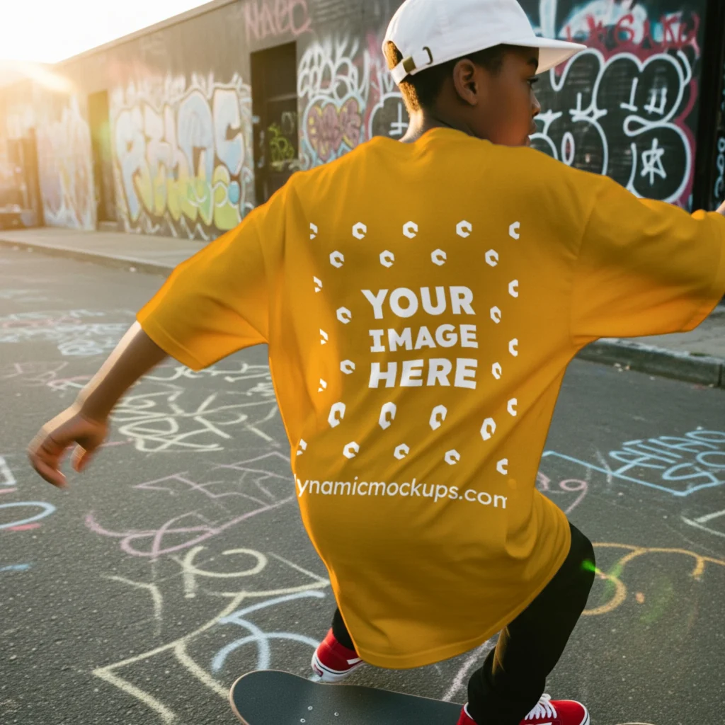 Boy Wearing Orange T-shirt Mockup Back View Template
