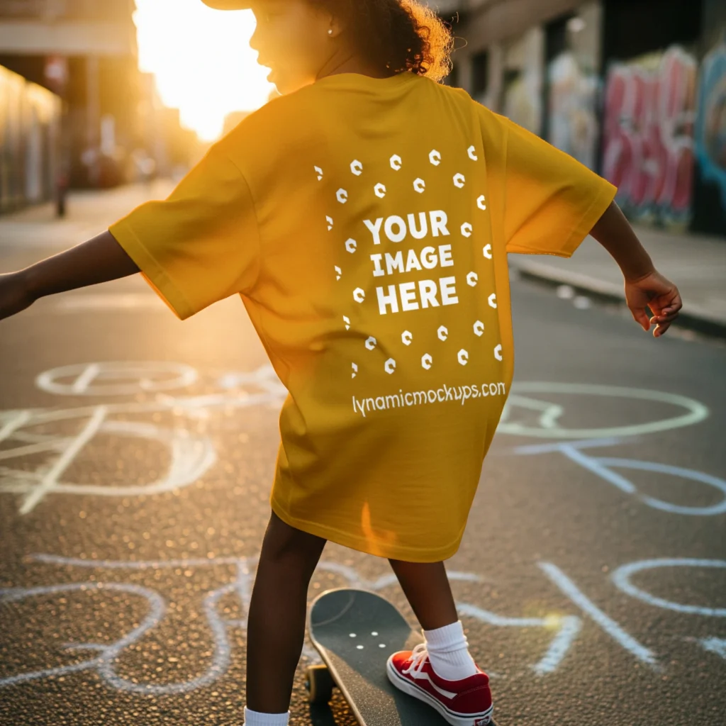 Boy Wearing Orange T-shirt Mockup Back View Template