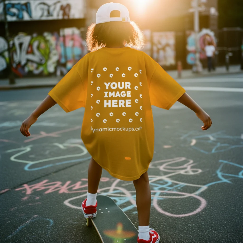 Boy Wearing Orange T-shirt Mockup Back View Template