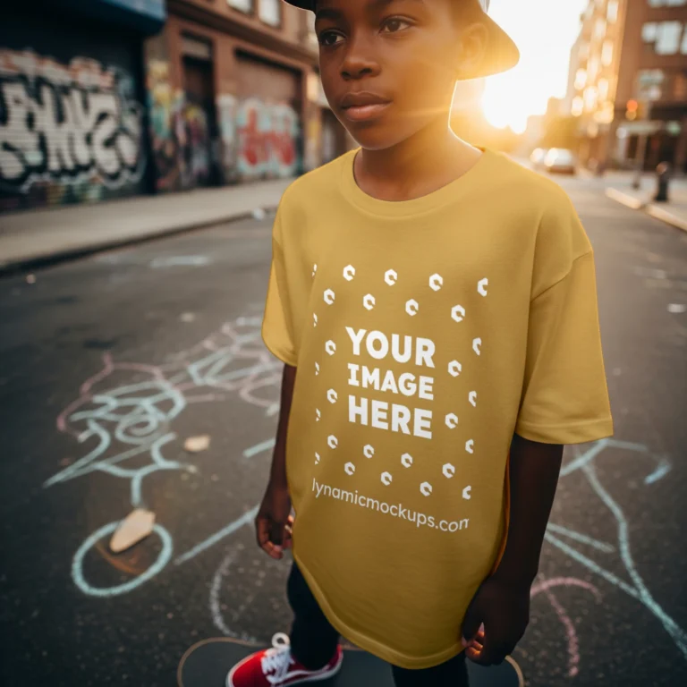 Boy Wearing Orange T-shirt Mockup Front View Template