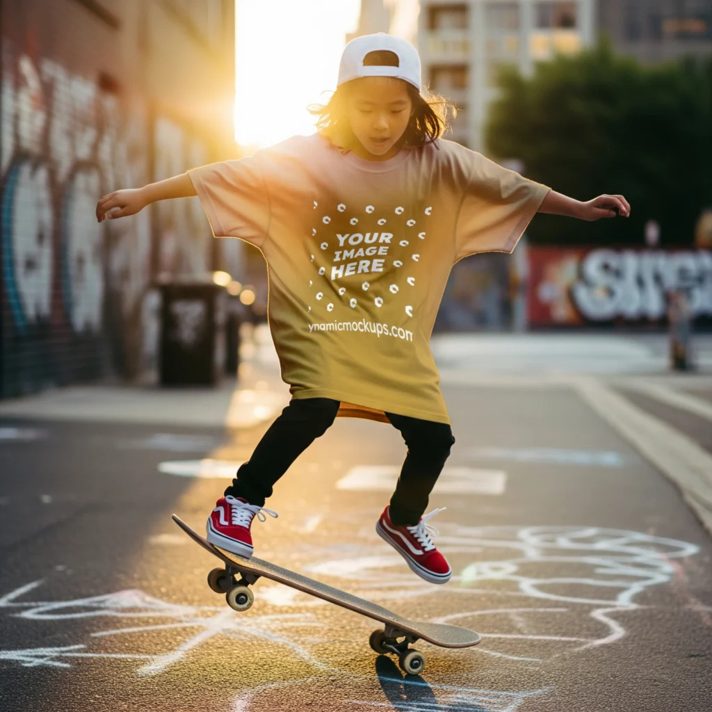 Boy Wearing Orange T-shirt Mockup Front View Template