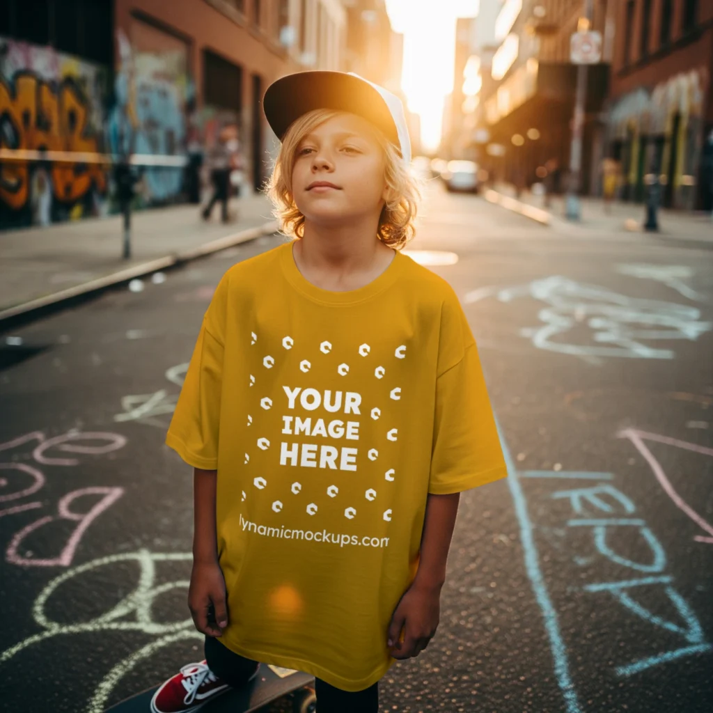 Boy Wearing Orange T-shirt Mockup Front View Template