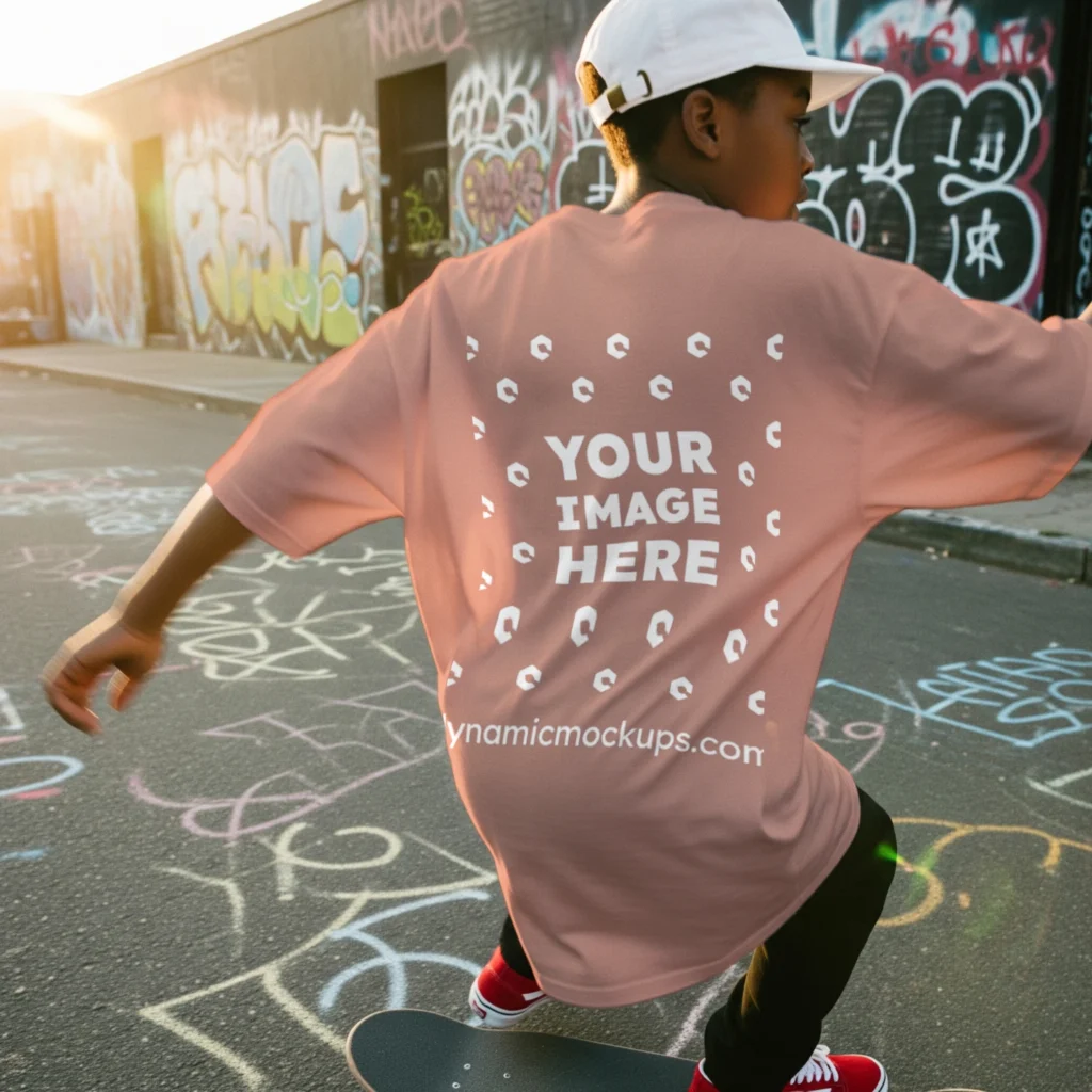 Boy Wearing Peach T-shirt Mockup Back View Template