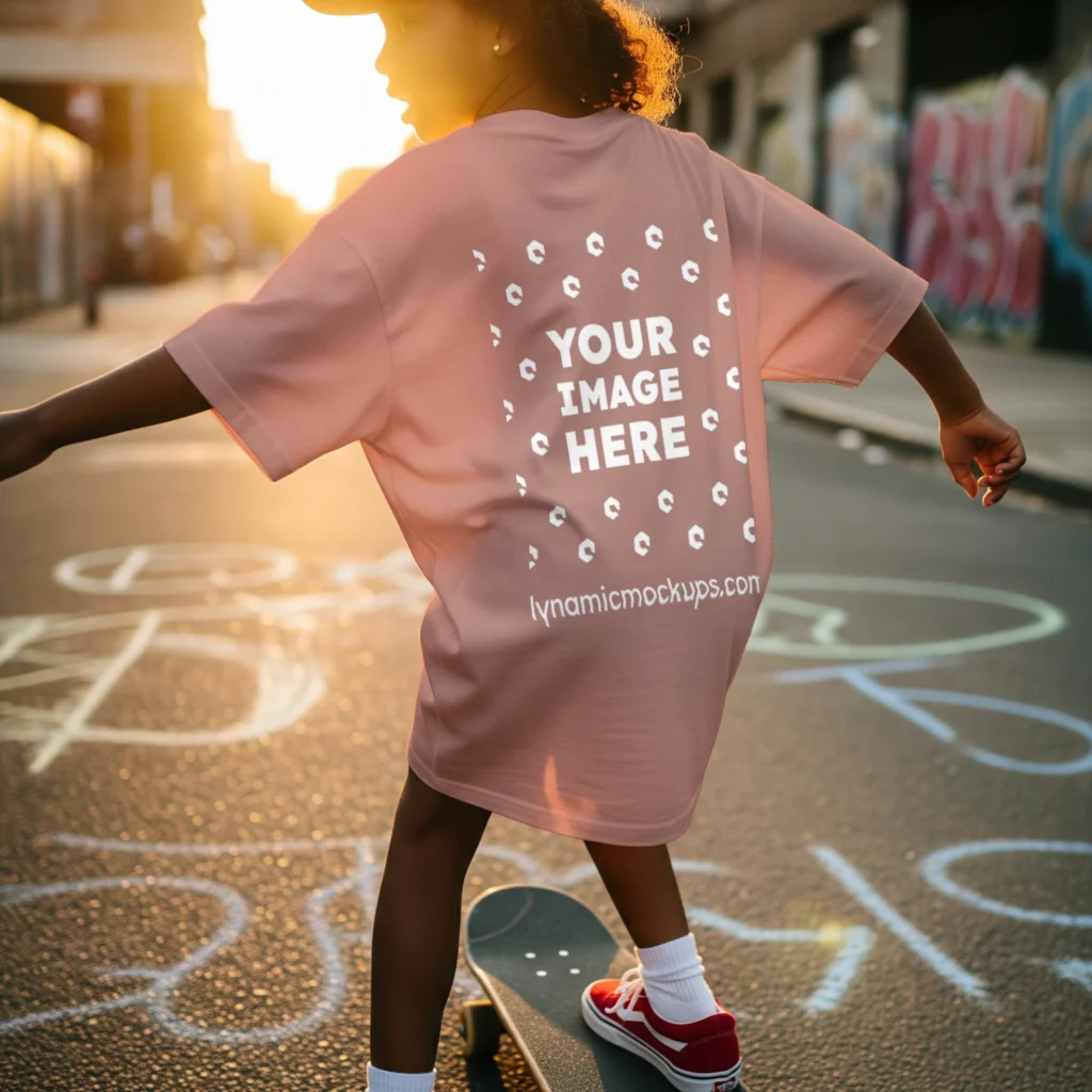 Boy Wearing Peach T-shirt Mockup Back View Template