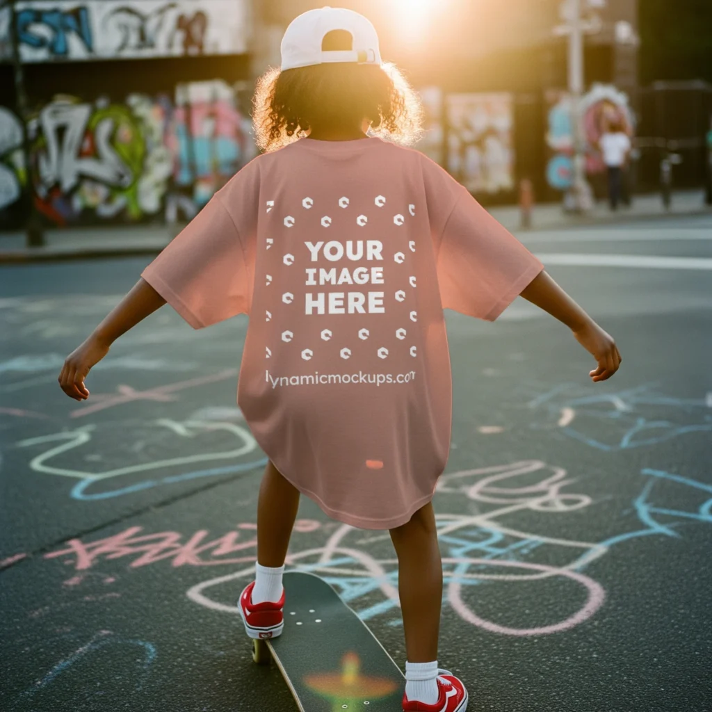 Boy Wearing Peach T-shirt Mockup Back View Template