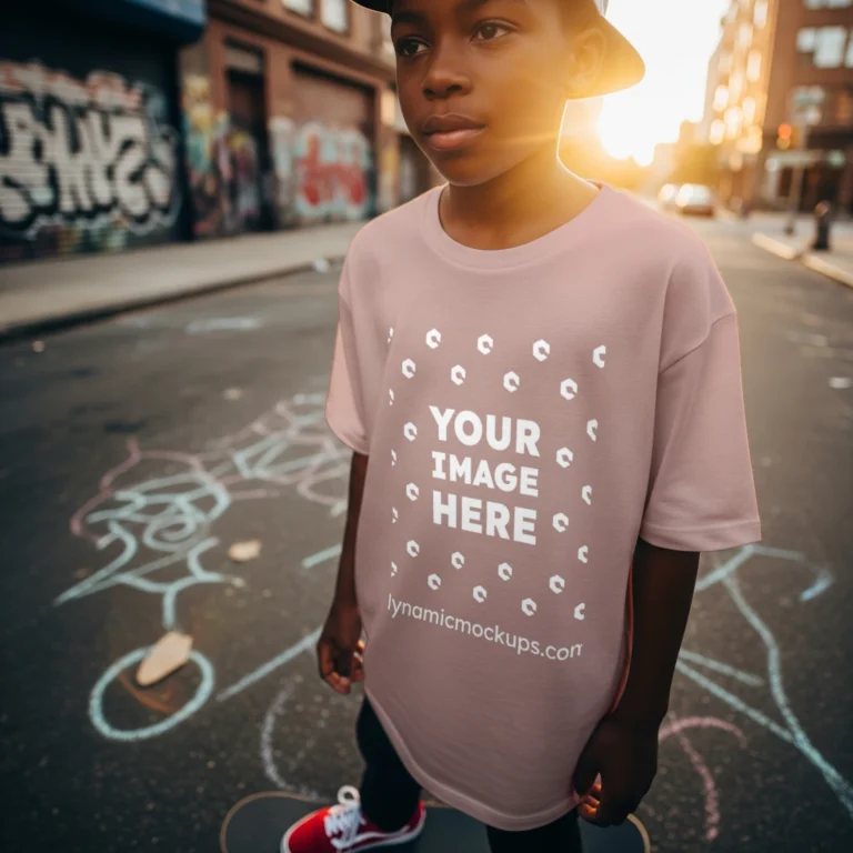 Boy Wearing Peach T-shirt Mockup Front View Template