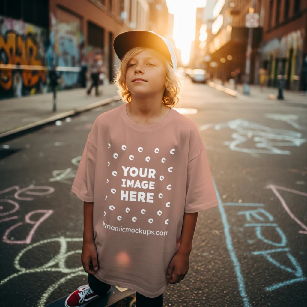 Boy Wearing Peach T-shirt Mockup Front View Template